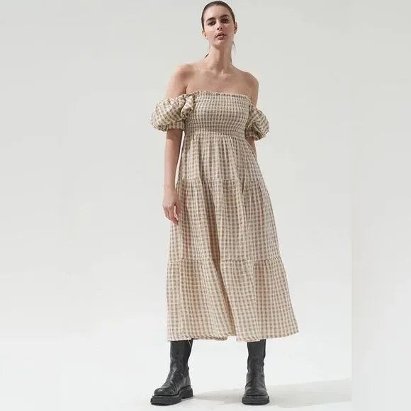 Nothing Fits But Kiko Midi Dress in Taupe Gingham M NWOT - Picture 8 of 13